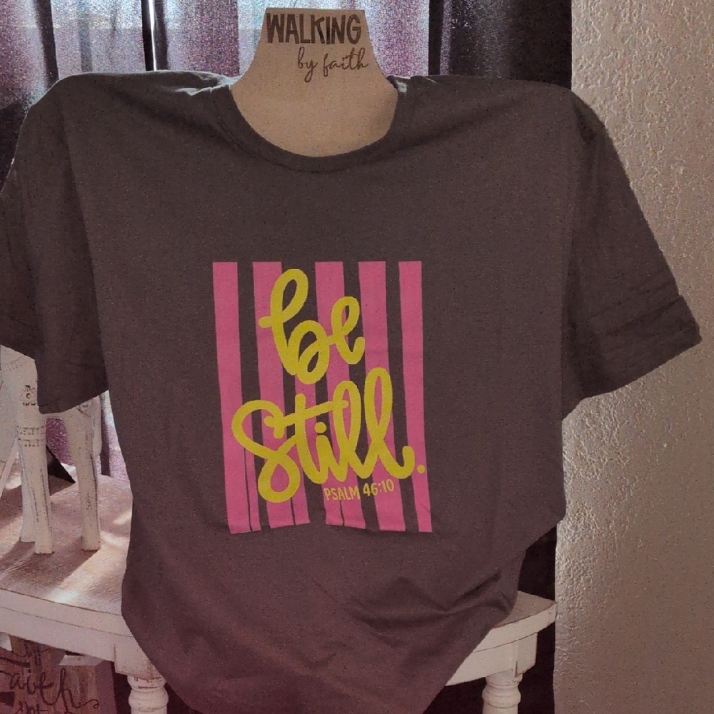 Be Still Graphic Tee - Gray with Pink & Yellow Print